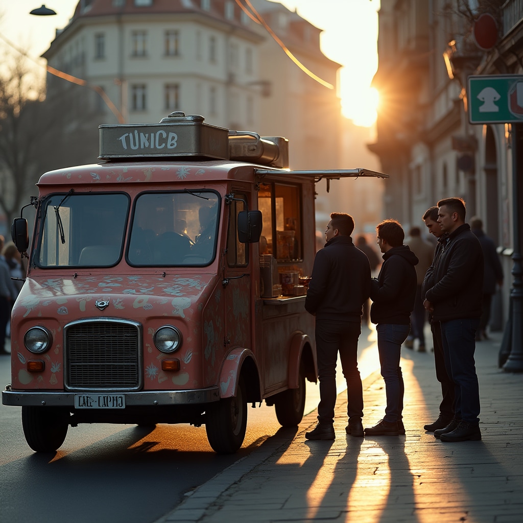 Food truck na ulicy podczas handlu w centrum miasta
